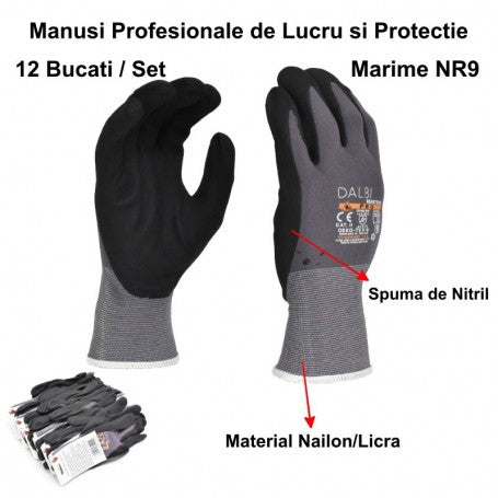 Manusi de lucru cu spuma de nitril, marime NR9, material nailon/licra, set 12 perechi pentru protectie profesionala