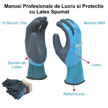 Manusi de lucru cu latex spumat, marime NR8, set 12 perechi, din nailon/licra, protectie abraziune