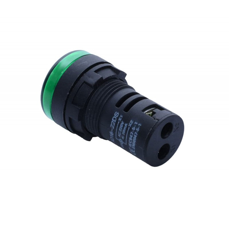 Indicator martor LED verde, vedere spate cu borne de conectare si inscriptionare tehnica