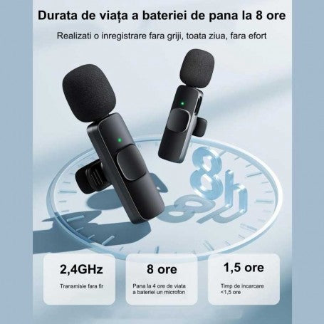 Set dublu microfon lavaliera wireless 2.4GHz, autonomie 8 ore, incarcare in 1.5 ore