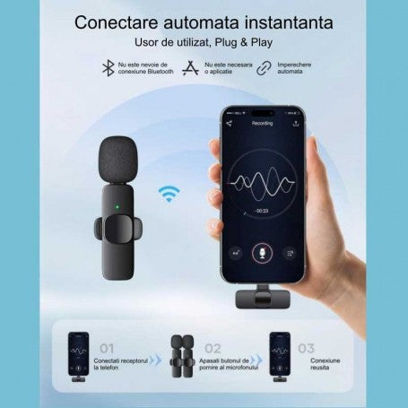 Microfon lavaliera wireless cu conectare automata Plug and Play la smartphone, fara Bluetooth