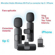 Set 2 microfoane wireless lavaliera, transmisie 2.4GHz, compatibil Tip C si iPhone, Plug and Play