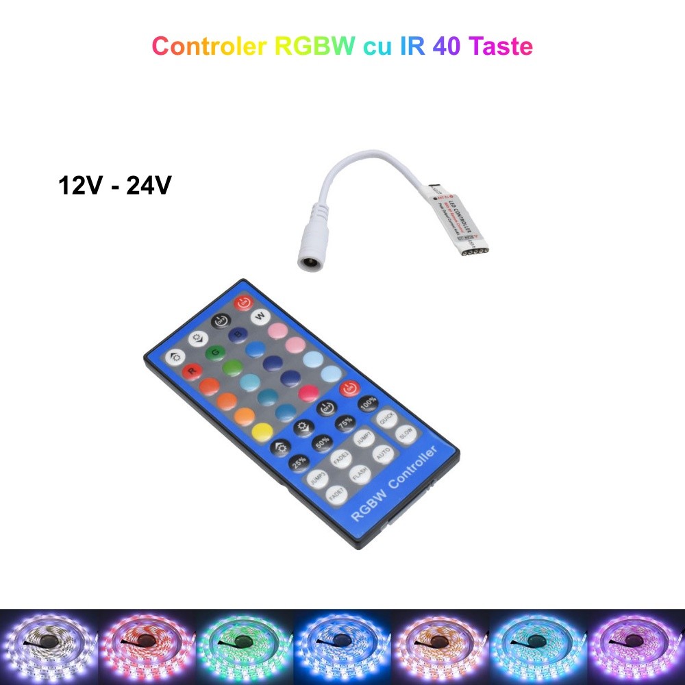 Controller RGBW IR 40 taste 12V-24V cu telecomanda, utilizare pe banda LED multicolora