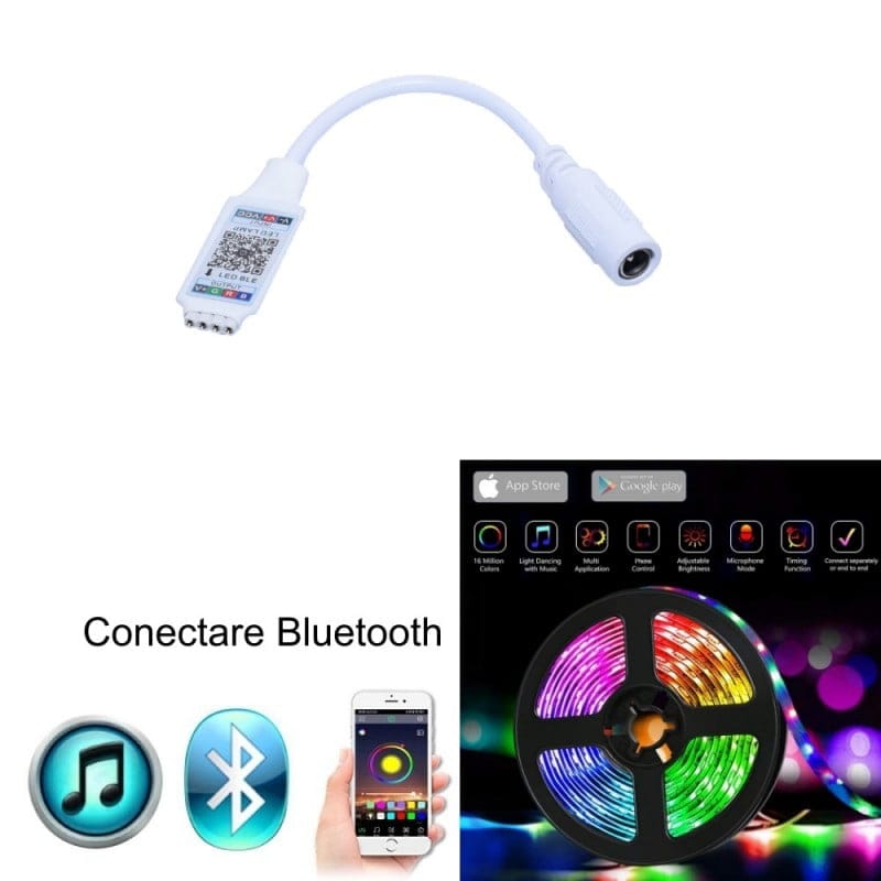 Controler RGB Bluetooth cu sincronizare muzica, peste 16 milioane culori, compatibil banda LED