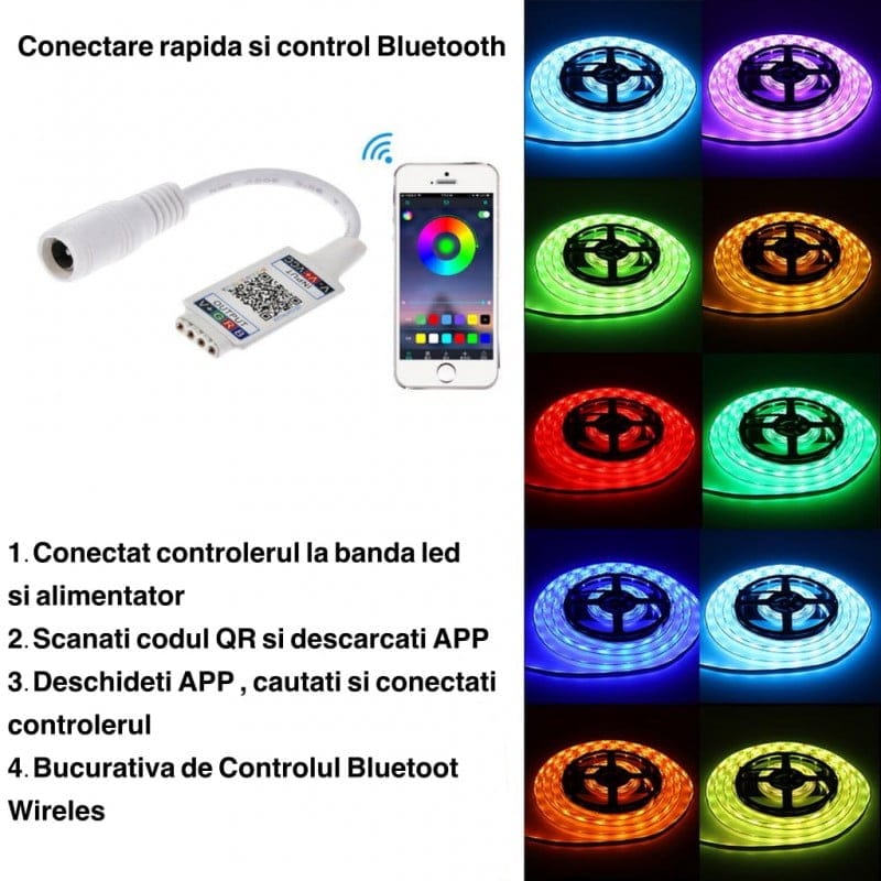 Controler banda LED RGB Bluetooth, ghid conectare rapida, multiple efecte de culoare disponibile