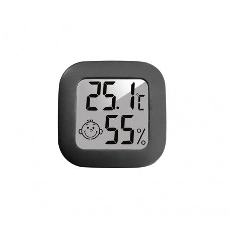 Mini termometru cu higrometru, afisaj LCD digital, temperatura 25.1C si umiditate 55%, design compact negru