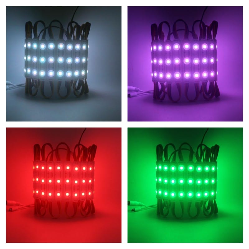 Module LED RGB 5050 aprinse in 4 culori diferite: alb, mov, rosu si verde