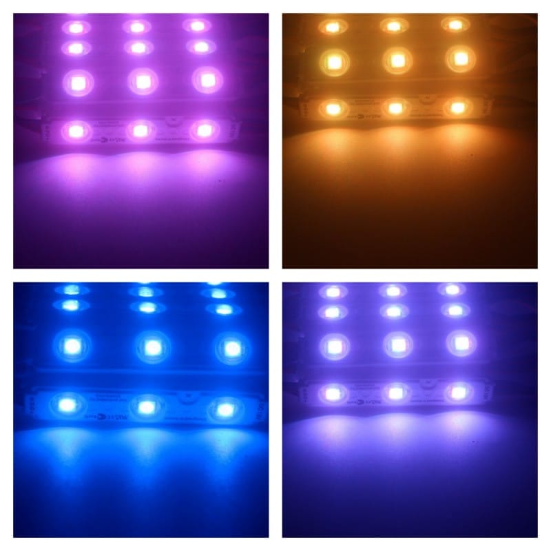 Module LED RGB 5050 aprinse in mov, portocaliu, albastru si violet, detaliu lumina