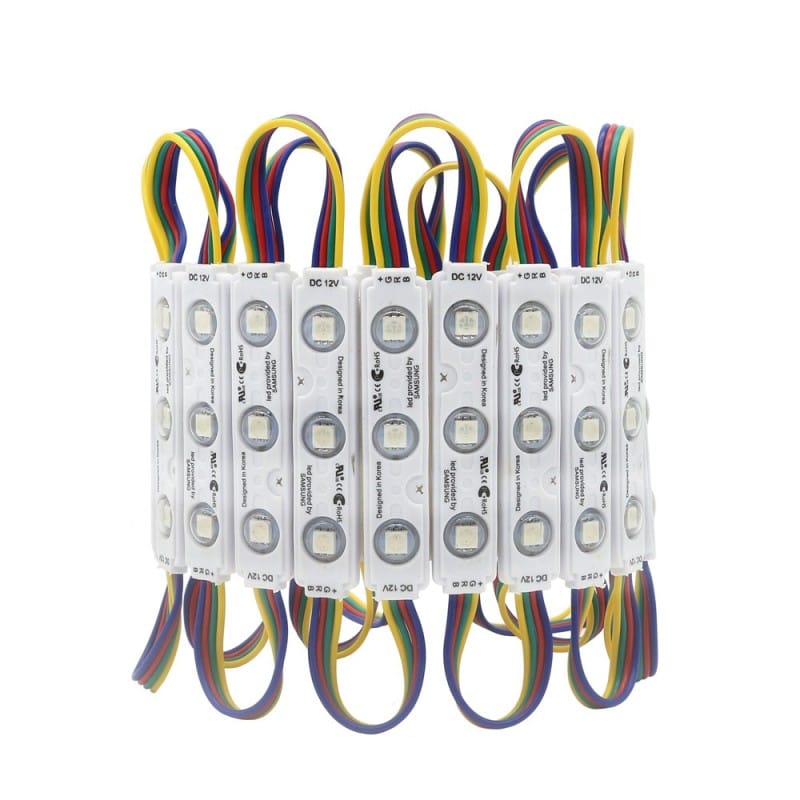 Module LED RGB 5050 individuale DC 12V, detaliu chipuri SMD si conexiuni cablu