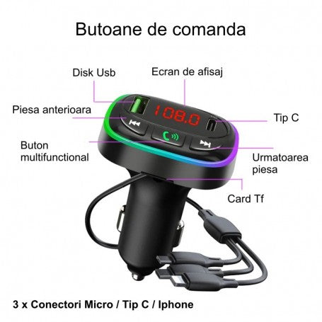 Modulator FM auto Bluetooth 5.0, butoane de comanda, port USB-C si 3 conectori integrati