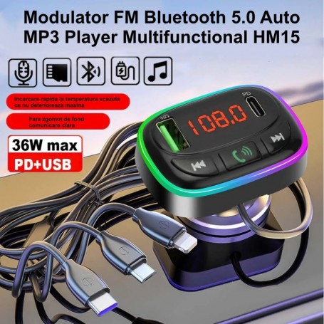 Modulator FM auto Bluetooth 5.0, incarcare rapida 36W PD+USB, cu iluminare RGB si 3 cabluri incluse