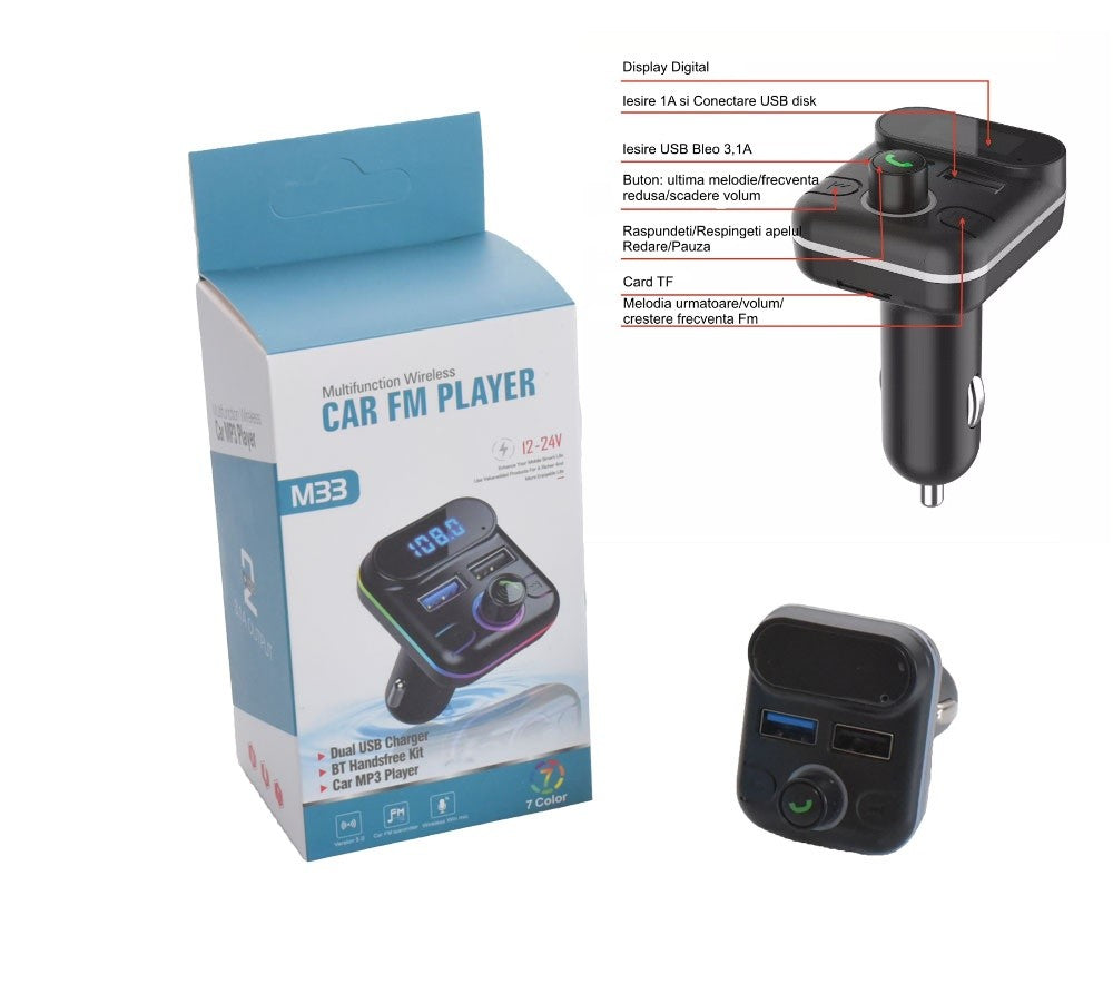 Modulator FM auto cu diagrama butoane: USB 3.1A, card TF, display digital si slot USB disk