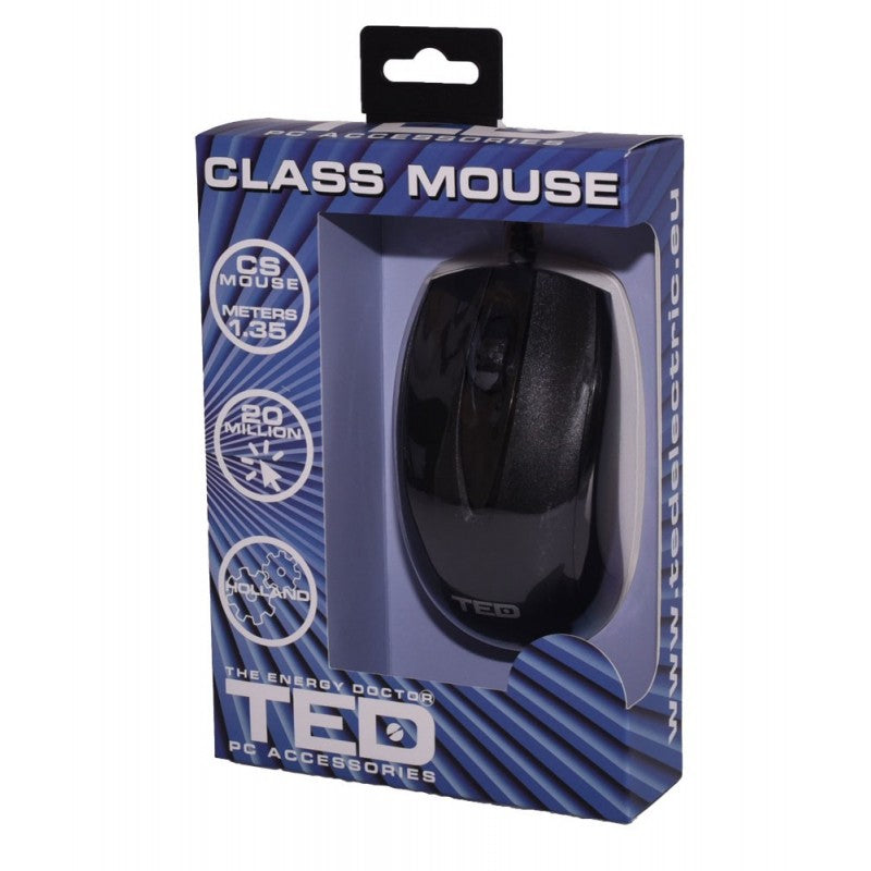 Mouse optic cu fir in ambalaj, vedere laterala cutie cu detalii tehnice si design compact