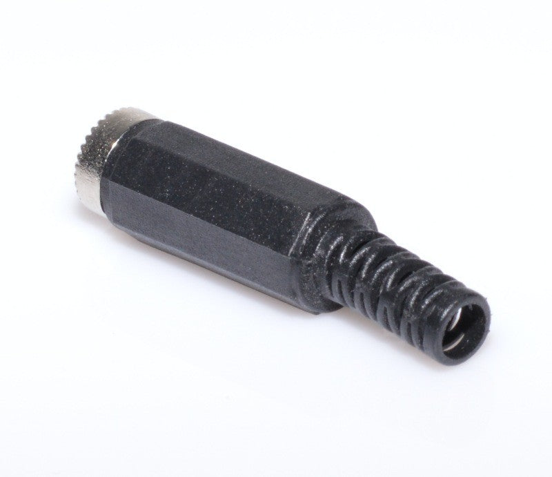 Mufa DC mama 2,1mm pe fir, vedere laterala cu protectie spiralata cablu