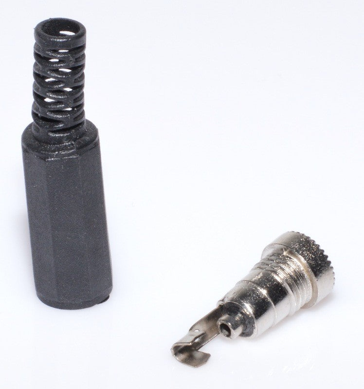 Mufa DC mama 2,1mm demontata, corp plastic si piesa metalica cu terminale de lipire vizibile