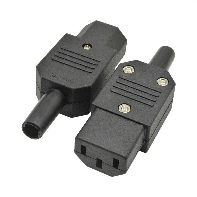 Set doua conectoare IEC C13 negre 10A, vedere comparativa fata-spate, mufa alimentare pe fir