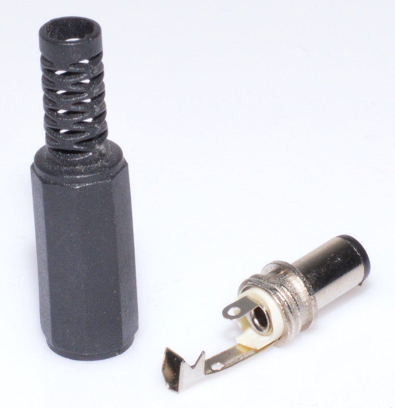 Mufa tata DC 2,1x5,5mm demontata, componente separate: corp plastic si miez metalic cu terminale lipire