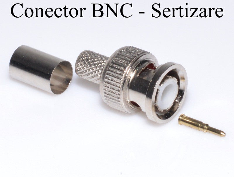 Conector BNC sertizabil dezasamblat, pin central aurit si inel de sertizare vizibile clar