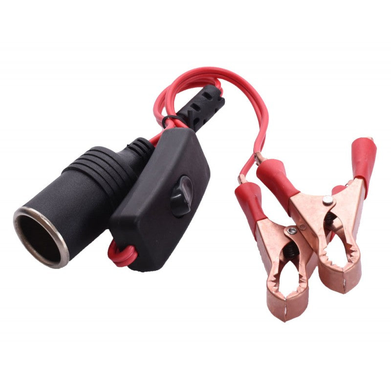 Adaptor bricheta auto 12V cu clesti cupru placat si priza, vedere laterala detaliata