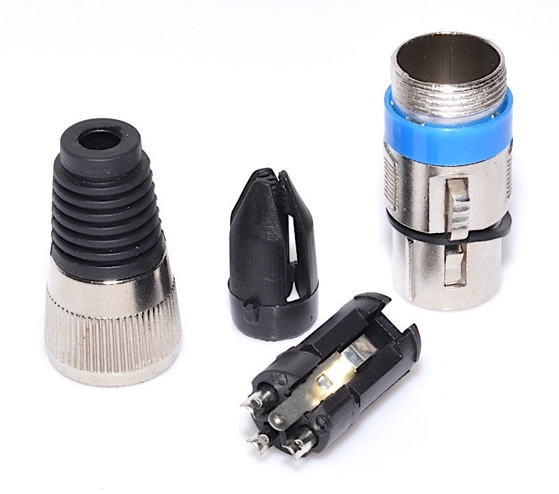Set complet demontat mufa XLR femela 3 pini, toate componentele afisate separat pe fond alb