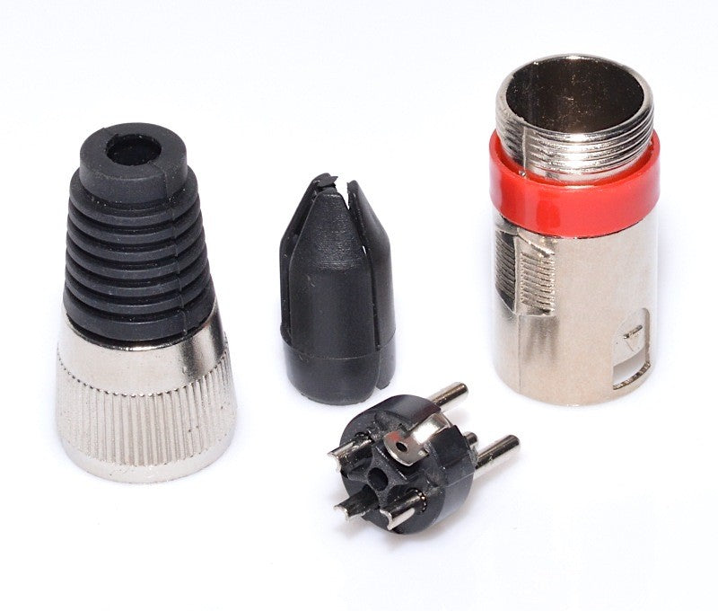 Set complet de piese demontate ale mufei XLR femela 3 pini, cu toti cei 4 componenti vizibili clar
