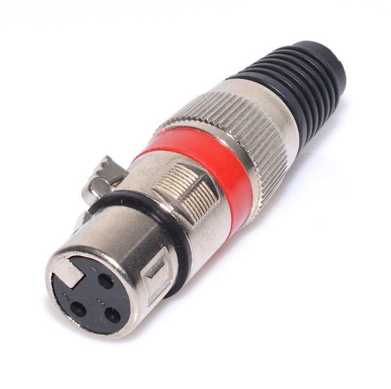 Mufa XLR mama cu inel rosu si corp nichelat, vedere frontala cu cei 3 pini vizibili