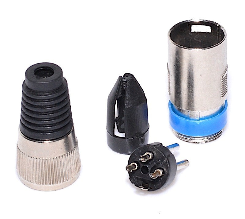 Conector XLR tata 3 pini dezasamblat complet, insert cu pini cositoribili si manson cauciuc vizibile