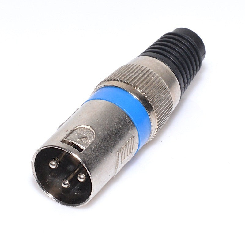 Mufa XLR tata 3 pini cu inel albastru, corp metalic nichelat, pentru conexiuni audio balansate profesionale
