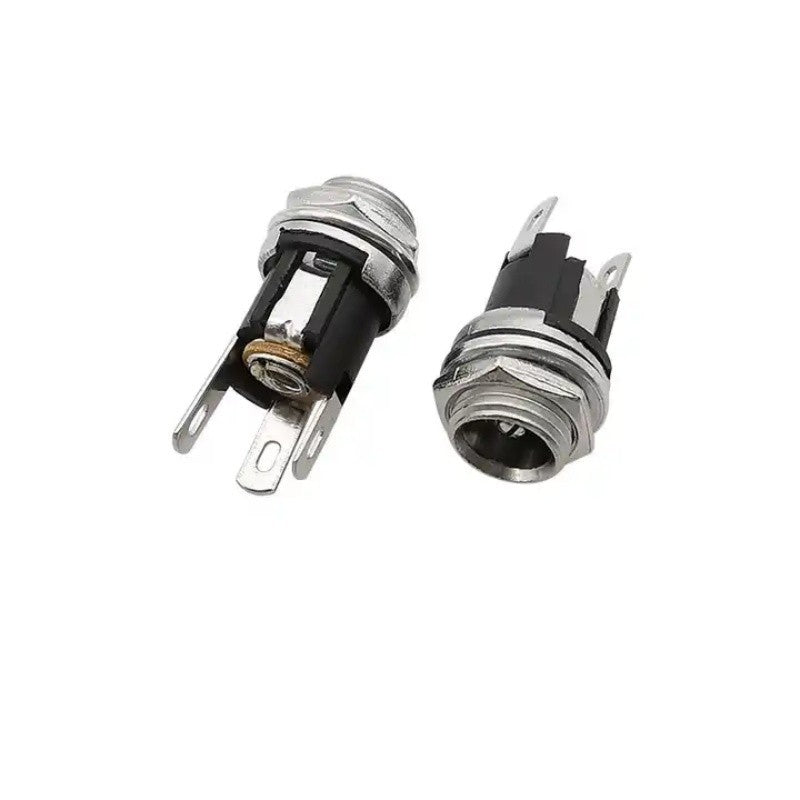 Mufa DC 2,1mm mama vedere fata si spate, terminale plate pentru lipire, constructie metalica robusta