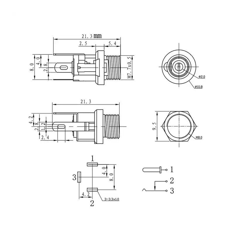 Desen tehnic mufa DC 2,1mm mama, dimensiuni 21,3mm lungime, filet M7,7x0,5, gaura montaj 12mm