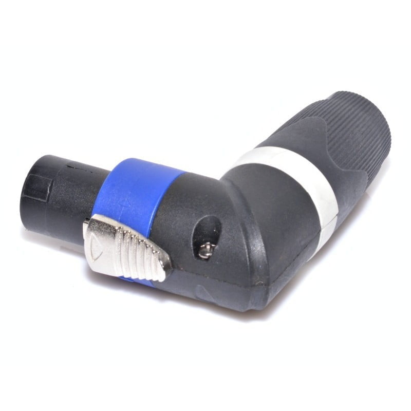 Mufa difuzor Speakon tata 4 pini cu cot 90 grade, corp ABS negru cu inel albastru si clema metalica de blocare