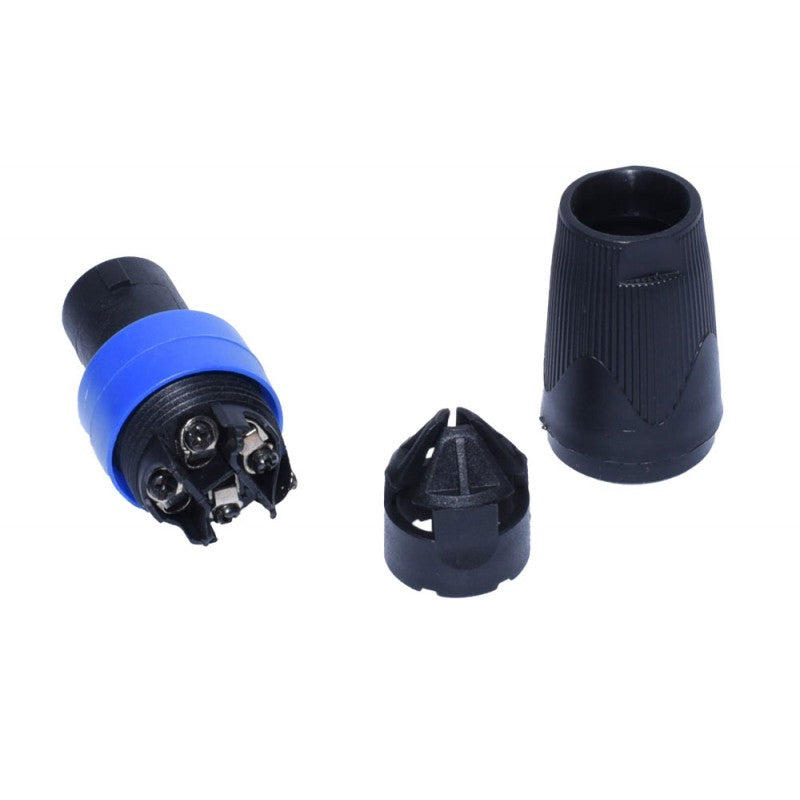 Conector Speakon tata 4C dezasamblat, cu cei 4 pini vizibili, piesa de prindere cablu si capac posterior