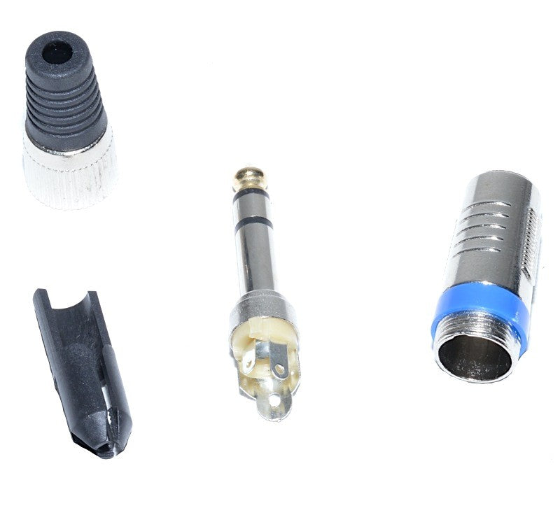 Mufa Jack 6.3 stereo tata demontata, componente separate: manseta cauciuc, corp filetat, borne lipire si cap conector
