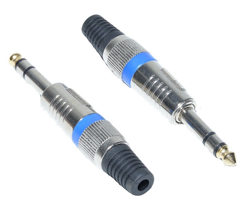 Set doua mufe Jack 6.3 stereo tata nichelate cu inel albastru, capete vizibile din fata si spate