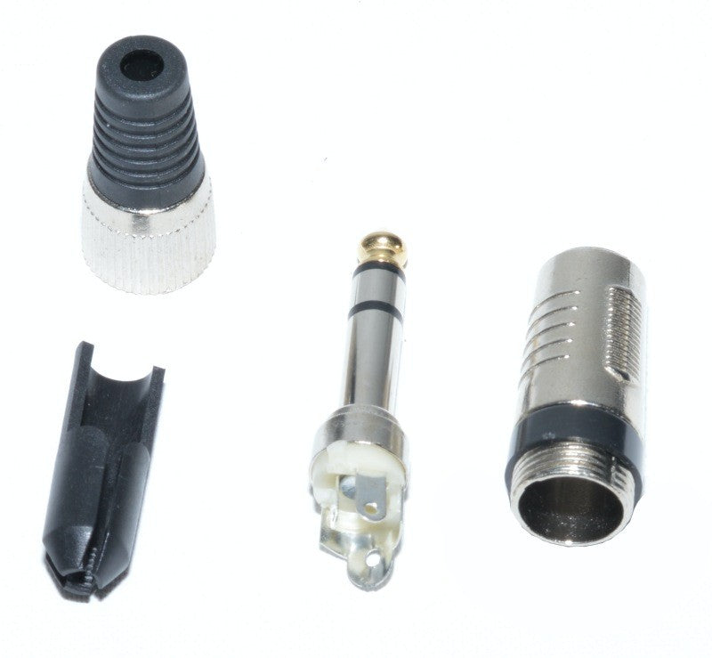 Mufa jack 6.3mm stereo tata demontata in 4 componente: manson cauciuc, carcasa, corp contact, capac