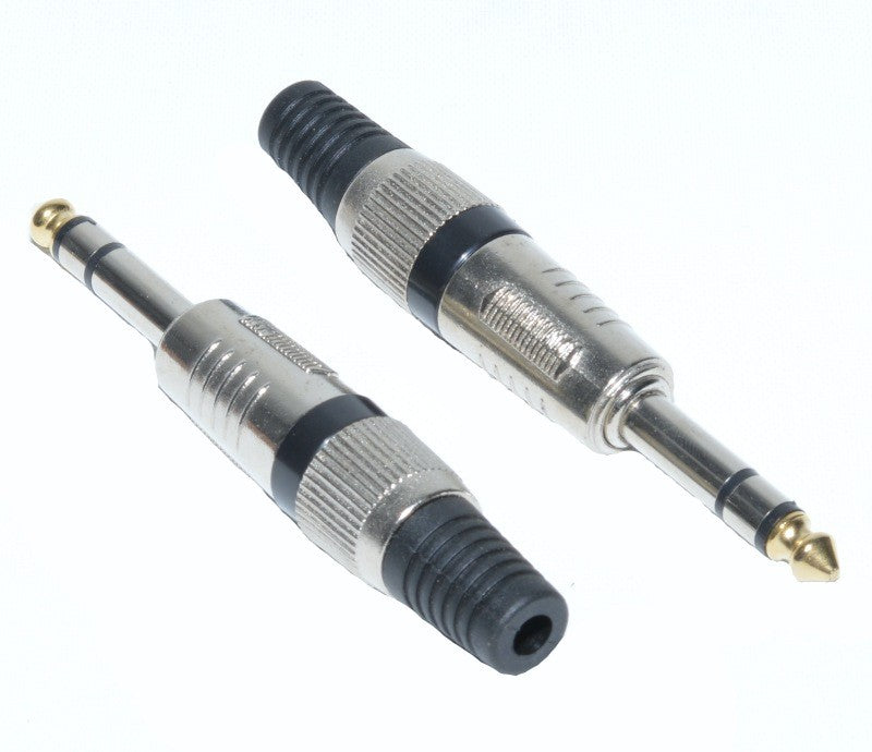 Set doua mufe jack 6.3mm stereo tata, constructie metalica robusta, inel negru vizibil pe ambele