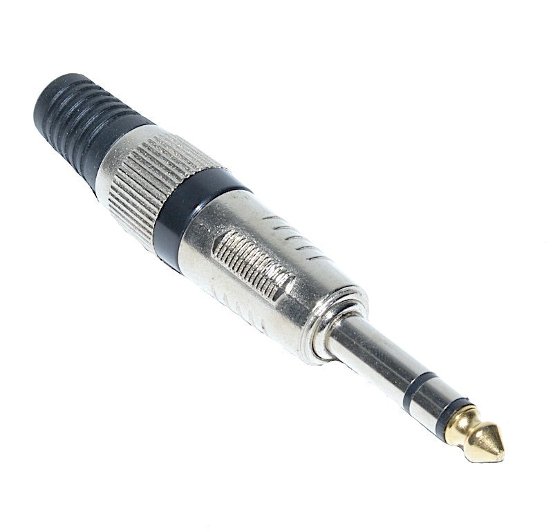 Mufa jack 6.3mm stereo tata, unghi lateral, detaliu canelurii metalice si mansonului de protectie cablu