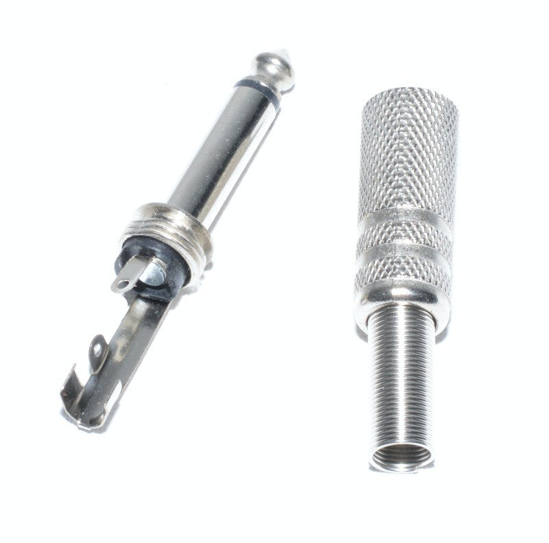 Mufa jack 6.3 mono dezasamblata, componente interne vizibile: corp filetat si carcasa metalica separata