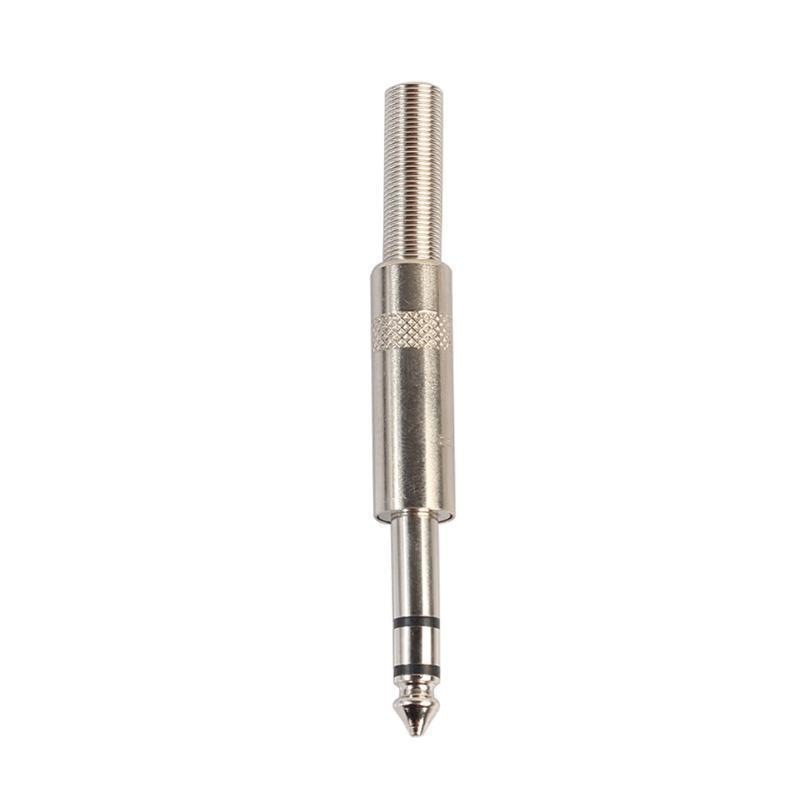 Mufa Jack 6.3mm stereo tata, vedere frontala, corp metalic filetat cu arc de protectie cablu