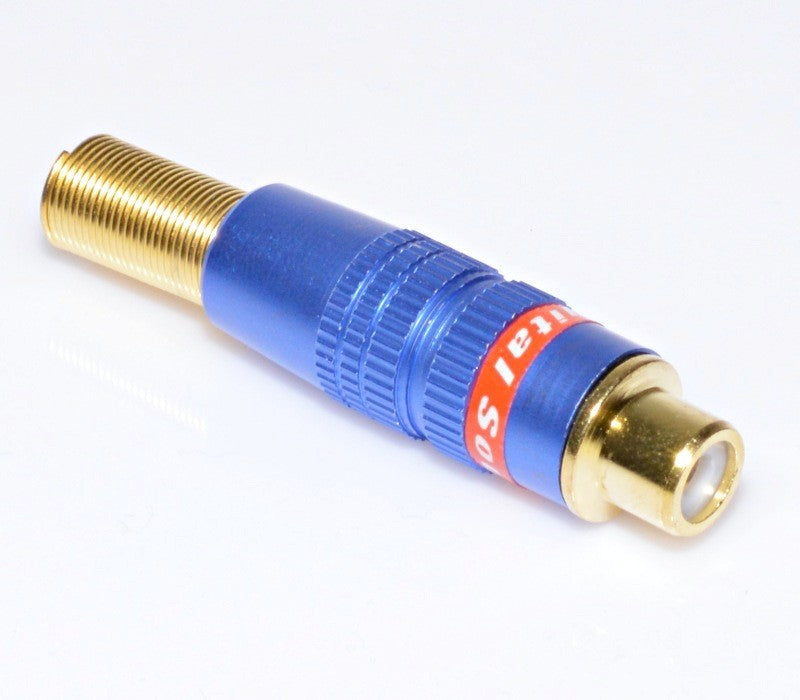 Mufa RCA mama placata cu aur, corp aluminiu anodizat albastru, arc metalic protectie cablu, conector audio-video