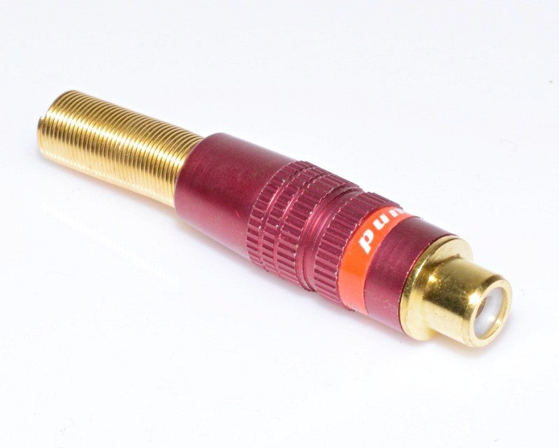 Mufa RCA mama placata cu aur, corp metalic rosu cu arc de protectie cablu, conector audio-video semiprofesional