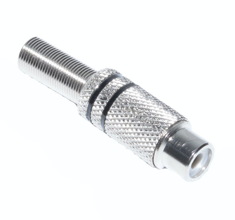 Mufa RCA metal mama cu corp randalin argintiu si dunga neagra de identificare, compatibila cablu coaxial standard