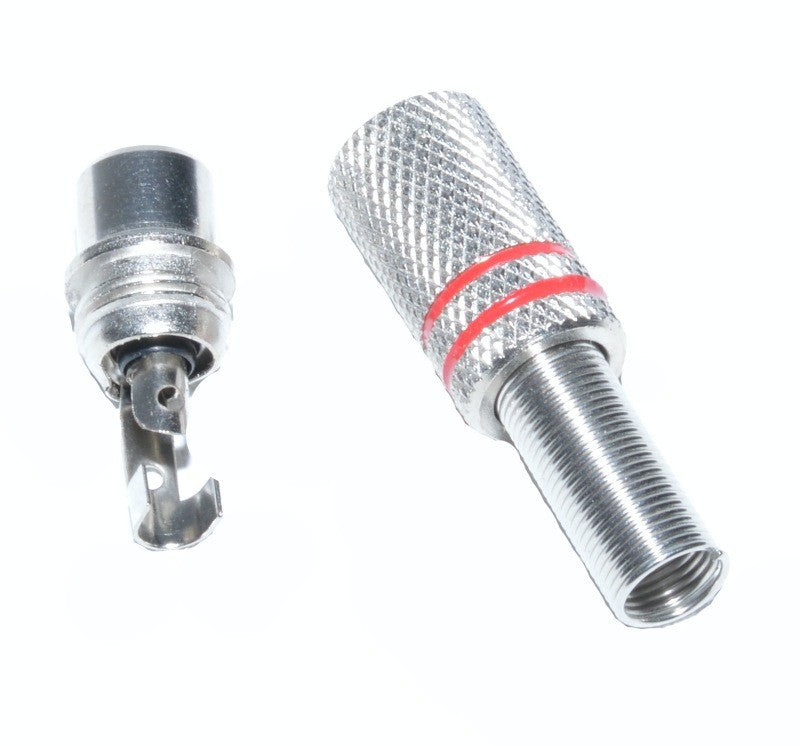 Mufa RCA metal mama demontata, vizualizare componente: corp exterior si mecanism arc interior