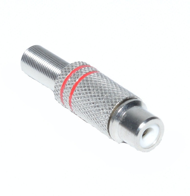 Mufa RCA metal mama cu inel rosu, corp knurled din metal, conector audio-video tip mama