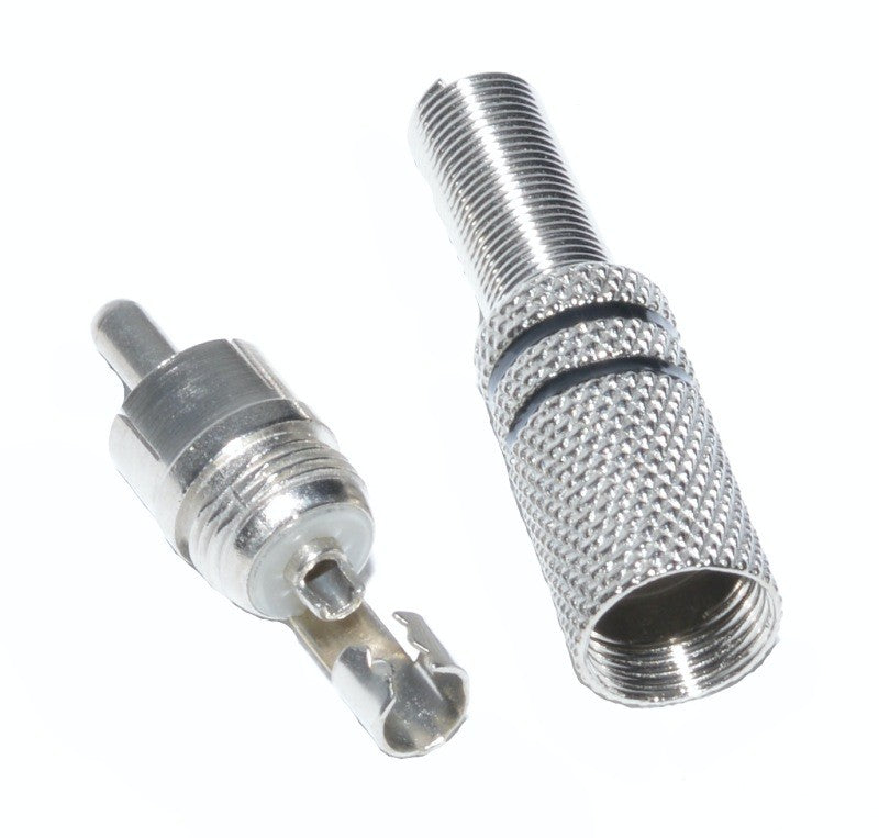 Mufa RCA metal tata demontata, componente separate: corp filetat si contact central cu arc