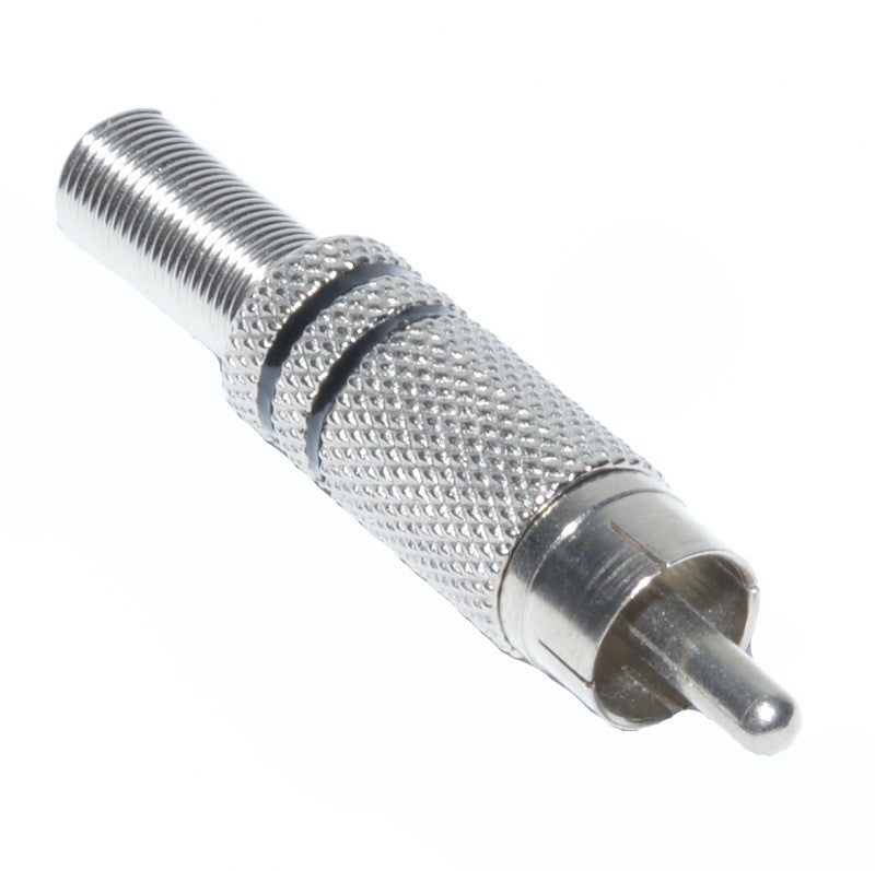 Mufa RCA metal tata cu corp randalin si arc intern, pentru cablu coaxial, conexiuni audio-video