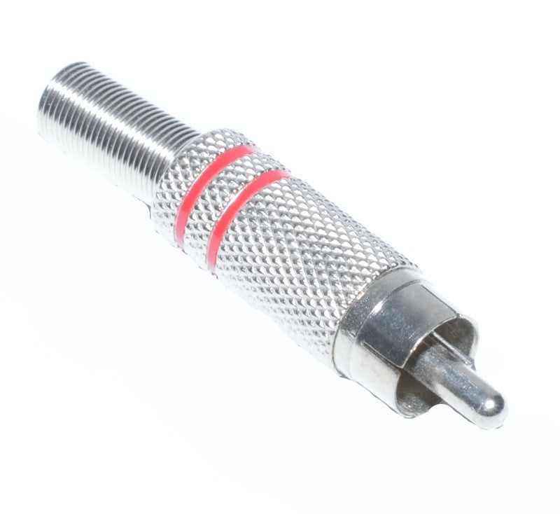 Mufa RCA metal tata cu marcaj rosu dublu, corp knurling argintiu, pentru conexiuni audio-video