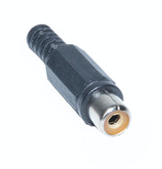 Mufa RCA mama plastic negru pentru conexiuni audio-video, corp cu randalin si insert metalic