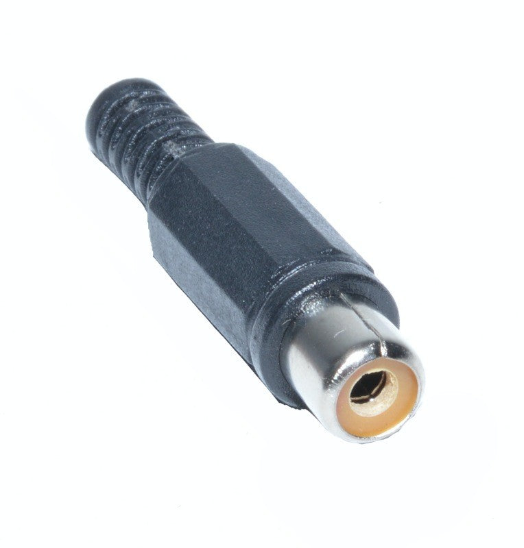Mufa RCA mama plastic negru pentru conexiuni audio-video, corp cu randalin si insert metalic