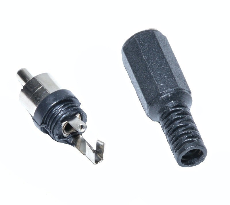 Conector RCA tata dezasamblat, cele doua componente separate pentru montaj pe cablu coaxial